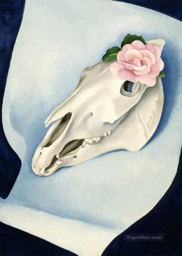 モダンな静物画の装飾 Painting - ピンクのバラが付いた馬の頭蓋骨 ジョージア・オキーフの静物装飾